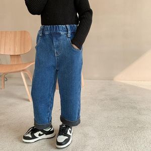 Jeans koreanska stil unisex barn inner fleece tjocka raka pojkar och flickor varmt tjockare casual all-match denim byxor