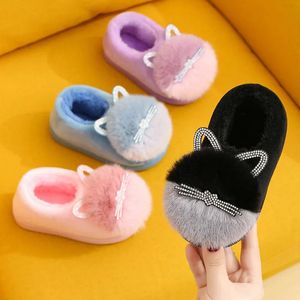 Slipper Children Girls Indoor Slippers for Home Soft Plush Rhinestone Winter Warm Fluffy Kids Cotton Shoes Cute Cat Baby 231127