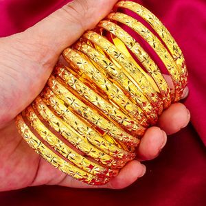 6pcs Wholesale Women Bangle Bracelet Openable 6mm Real 18k Gold Color Fashion Lady Girls Classic Carved Bangle Jewelry Gift Dia 58mm