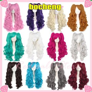 Party Supplies Mehrfarbige lange lockige Pferdeschwänze Basisperücke Twin Pigtails Gold Blond Rosa Blau Lila Weiß Schwarz Kopfbedeckung Cosplay Basic Perücken