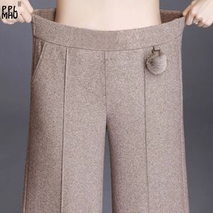 SPOTY KOBIETOWE S GORAMIZE 4xl Formalne Pinstripe szerokie nogi spodnie o wysokiej talii Koktajlu Praca Pantalones Autumn Lose mieszanka wełniane spodnie 231127