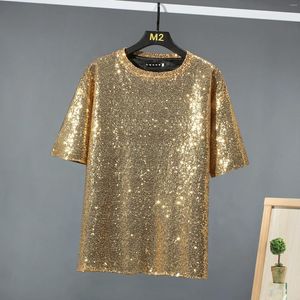 Men's T Shirts Mens Shiny Gold Sparkle Sequins 1970s Disco Party Club Costume Shirt Short Sleeve Glitter T-shirt Hip Hop Streetwear Camiseta