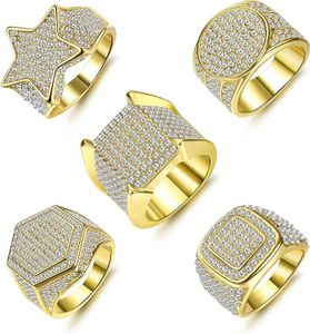Magitaco 5Pcs 18K Gold Plated Bling Pinky Ring Simulated Diamond Iced Out Ring Big Star Square CZ Punky Rappers Ring Cool Hip Hop Ring for Men