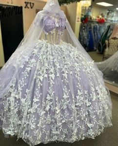 Luxo brilhante lavanda quinceanera vestidos com manto borboleta rendas vestidos de 15 anos vestidos de festa de baile de aniversário