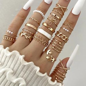 Cluster Rings Boho Geometric Knuckle Set For Women Artificial Pearl Gold Silver Color Finger Ring Female Party Jewelry Accessories