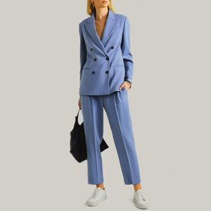 Kvinnors tvådel Pants blazer och byxor Set End Walled Wool Blue Double Breasted Slim Casual For Professional Suit High Quaity Lady 231127