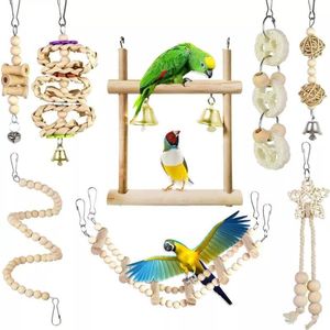 Toys 8pcs Bird Parrot Swing Hanging Toy Natural Wood Bell Bird Cage Bird Toys For Parrots Parakeets Cockatiels Finches Budgie 8 Pack