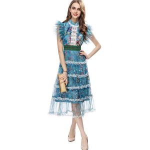 Women's Runway Dresses O Neck Tiered Ruffles Lace Patchwork Fashion High Street Vestidos