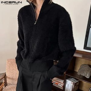 Suéter masculino Incerun Tops Outono Inverno Moda Mens Tecido de Pelúcia Suéter Masculino Sólido Pescoço Alto Zíper Cortado Suéter de Manga Comprida S-5XL 231127