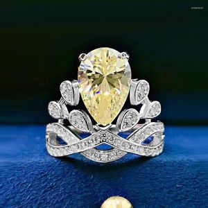 Cluster Rings 2023 Pear Shaped Water Drop Personality Yellow Diamond Crown 8 12 Ring Female Fashion