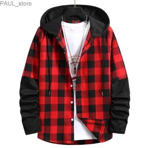 Men's Hoodies Sweatshirts LUCLESAM Men Plaid Splicing Hoodie Mens Fashion Streetwear Classic Flannel Long Sleeve Hooded Shirts sudaderas hombreL231122