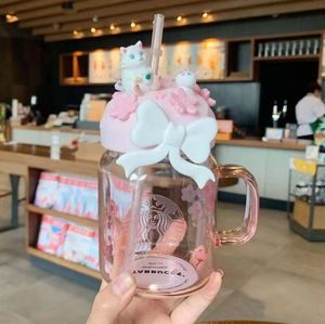 Caneca criativa (bebida) starbucks, flor de cerejeira rosa, vidro duplo de grande capacidade com copo com canudinho, presente