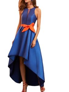 Royal Blue Elegant Prom Evening Dress Scoop ärmlös asymmetrisk satin med Bow Formal Party -klänningsrockar Vestidos Longo