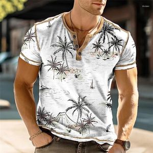 T-shirt da uomo Coconut Tree Stampa 3D Henley Moda Streetwear Vintage Button-Down Camicia a maniche corte Uomo T-shirt maschile Tops Abbigliamento