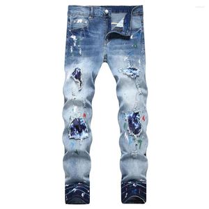 Mäns jeans män binder färgade lappar stretch denim streetwear smala avsmalnande byxor hål rippade målade blå byxor