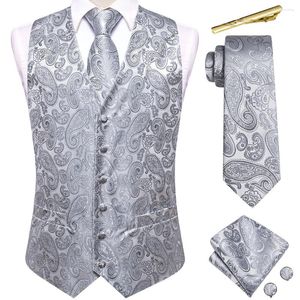 Mäns västar lyxiga paisley Silk Men Vest Sliver Gray Black Red Pink Blue Waistcoat slipsklipp Hanky ​​manschettknappar Bröllopsföretag Hi-Tie