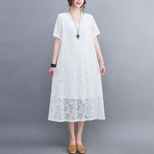 Casual Dresses 2023 Summer Women's Dress Oversize Vintage Fashion Solid Lace Short Sleeve Office Elegant Ladies White Black 230426