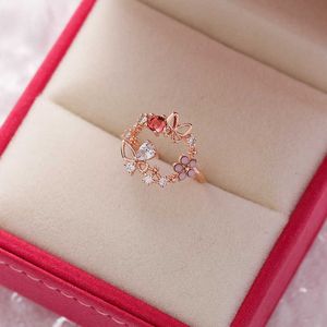 Band Rings Korean New Exquisite Zircon Rings For Women Sweet French Butterfly Flower Leaves Heart Shape Opening Ring Party Wedding Jewelry AA230426