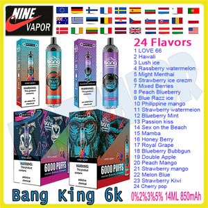 Autêntico Bang King 6000 Puff Caneta Vape Descartável 850mAh Bateria Recarregável 14ml Bobina de Malha Pré-cheia 0% 2% 3% 5% Cigarro Elétrico de Nível