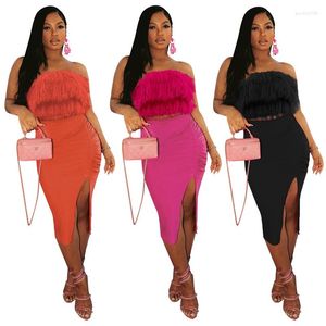 Work Dresses Ladies Summer City Celebrity Commuter Dress Set Solid Color Tassel Tube Top Match Pleating Pencil Skirt