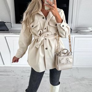 Kvinnors jackor Autumn Winter Long Sleeved Single Breasted Woolen Jacket Fashion Pocket Outwear Casual Office Lady Turn-Down Collar Tie Up