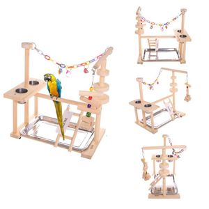 Trespoli Parco Giochi per Pappagalli Supporto per Uccelli Cockatiel Parco Giochi Trespolo in Legno Box per Palestra Scaletta con Tazze di Mangiatoia Giocattoli (Include un Vassoio)