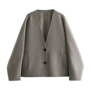 女性のウールブレンドUnizer2023秋と冬のファッション汎用性のあるvneck dornment dornment sinde side loose yamono style coat 231124