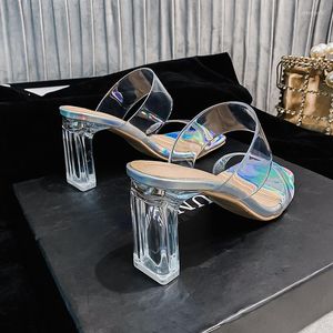 Dress Shoes Clear Heels For Women Summer 2023 Transparent Heel Sandals Fashion Chunky High Heeled Crystal Women's Slippers Luxury