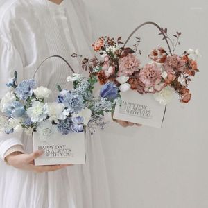 Confezione regalo Carta Kraft a prova di acqua su entrambi i lati Cesto di fiori portatile Bouquet Maniglia Cartone Scatola da regalo creativa per le vacanze