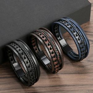 Corrente de alta qualidade pulseira de couro homens jóias liga ímã fivela multicamadas corda trançada beading homem moda presente 231124