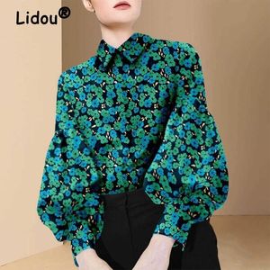 Blusa feminina moda impressão lapela lanterna blusas de manga longa camisa urbana casual chique solto floral primavera verão blusa topo 2022