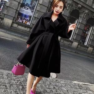 Blends Long Wool Blend Vintage Woman Coat Overcoat Fashion Korean Winter Warm Mujer Office Belt Jacket Fuchsia Vintage Ukraine Overcoat