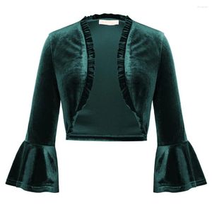 Jaquetas femininas BP Mulheres Vintage Velvet Shrug 3/4 Manga Aberta Frente Ruffled Trim Bolero Cropped Cardigan para Vestidos de Noite Formal A30