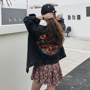 Damen Jacken YYCZF Jeansjacke Boho Oversized Multi Floral Bestickt Langarm Casual Chic Mantel Damen Frühling Herbst Kleidung