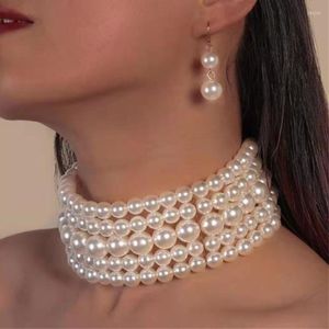 Halsbandörhängen Set Faux Pearl Choker och Dingle Multi-Layer Women Jewelry Elegant Collar