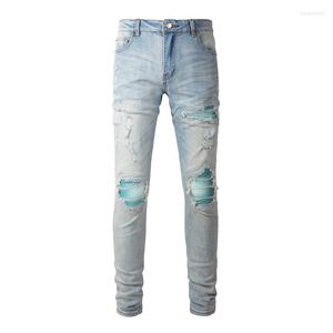Мужские джинсы Mens Street Fashion Style Skinny разорванные высококачественные растягиваемые поврежденные отверстия галстук
