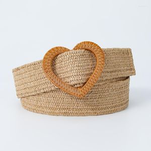 Belts Boho Chic Straw Waist Belt With Heart Buckle Summer Khaki For Women Wicker Braided Jewelry & Clothing Accessori