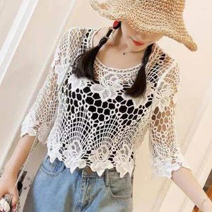 Women's Tanks Summer Hooked Flower Thread Hollow Short Pullover Cover Up Lace Top With Long Skirt Outer Layer Coat