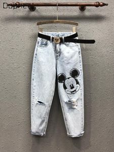 Jeans estivi di colore chiaro con stampa di cartoni animati Harem Jeans femminili 2022 sottili pantaloni larghi dimagranti allentati e tutti abbinati Jeans strappati per le donne