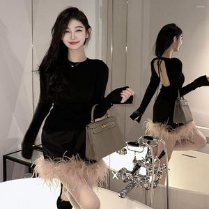 Casual Dresses 2 Piece For Women 2023 Fashion Faux Ostrich Feathers Trim O-neck Backless Tops Mini Party Skirts Loose Sexy Club Outfits