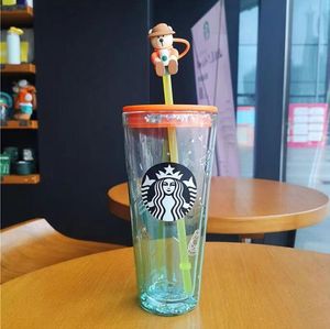 Högkvalitativ ny kreativ (dryck) Starbucks Mugs Pink Cherry Blossom Bear Mason Large Capacity Double Glass With Sippy Cup Coffee Mug Gift