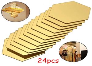 24pcs Altıgen Ayna Sticker Gold Self Self Self Mozaik Fayans Duvar Sticker Çıkartmaları DIY Yatak Odası Oturma Odası Banyo Ev Dekoru 220502814771