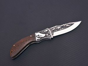 Hot A1920 Pocket Folding Knife 7Cr17Mov Satin Drop Point Blade Wood/Steel Head Handle Outdoor Camping Hiking Fishing EDC Knives with Nylon Bag