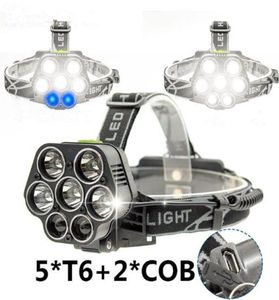 6 MODE 5LED 2COB USB RECHARGEABLE LED Head Light Lamp T6 Outdoor Camping Fiske Huvudljusets strålkastare Power år 18650 Batteri4051125