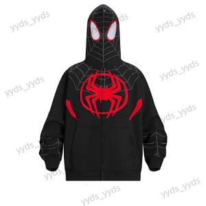 メンズフーディーズスウェットシャツY2KスパイダーウェブグラフィックメンフーディーズハラジュクヒップホップフルジッパージャケットコートストリートウェディンゴシックパンクルーズポケットスウェットシャツT231127