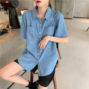 Camisa de jeans de blusas femininas para mulher 2023 Casuais de manga curta de vestuário de verão com bolsos Tops azuis do colarinho coreano