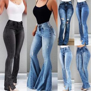 Jeans femininos Mulheres da cintura alta jeans sólida calça fLIE FLARE