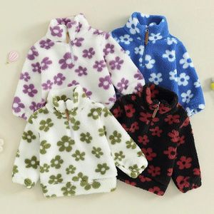 Jackor vinter småbarn barn flickor fleece outwear varm fuzzy långärmad blomma tryck dragkedja tröja babyjacka 0-4t