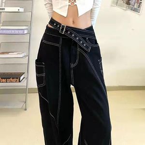Jeans Woman Jeans High Waist Cargo Trousers Multipocket Personality High Waist Belt Fashion Casual Street Hipster Women's Pants