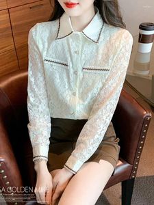 Женские блузки, высококачественные кружевные рубашки с длинными рукавами, женское поступление 2023, осень, корейский стиль, отложной воротник, офисные женские элегантные топы W1342